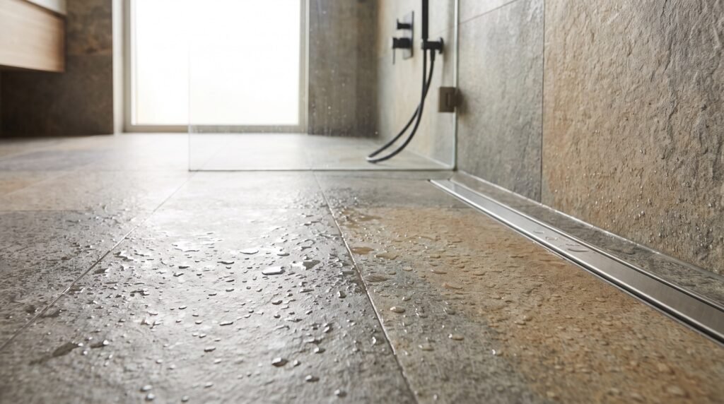 Gresie antiderapanta R11 cu textura mata in zona de dus, cu sifon liniar