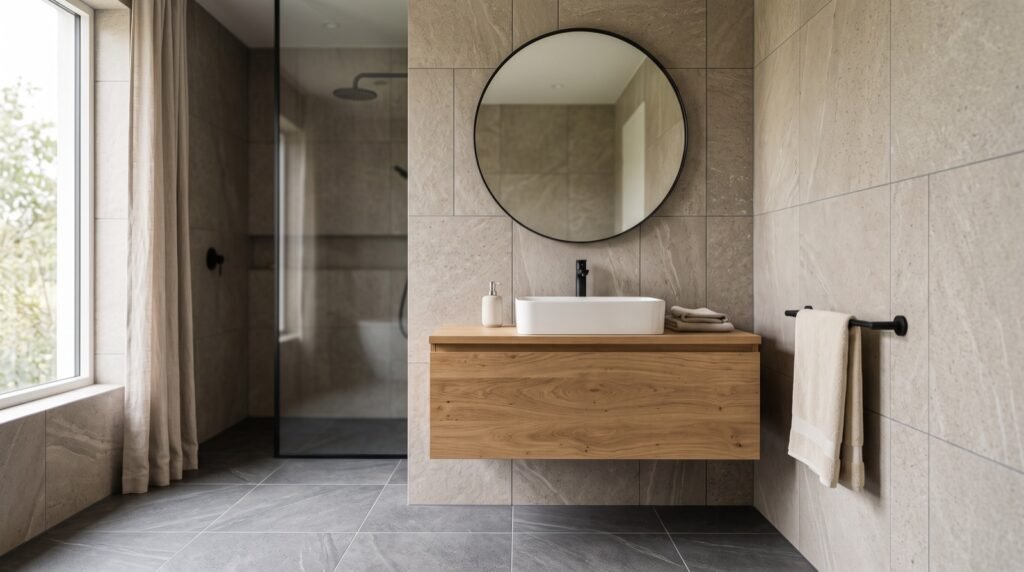 Baie moderna placata cu gresie si faianta cu aspect de piatra, mobilier suspendat din stejar