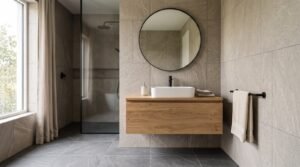 Baie moderna placata cu gresie si faianta cu aspect de piatra, mobilier suspendat din stejar