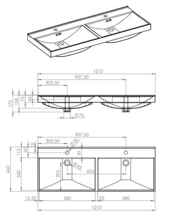 Lavoar dreptunghiular dublu MAXXI, din porțelan, încorporabil, 120X46cm - alb - imagine 2
