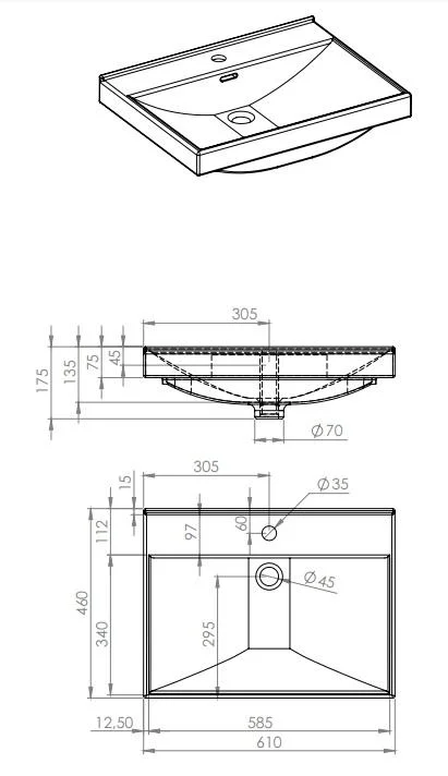 Lavoar dreptunghiular MAXXI, din porțelan, încorporabil - imagine 3