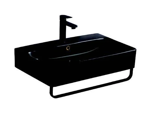 Lavoar dreptunghiular PLANO, din porțelan, cu suport prosoape, cu scurgere neagră 60X42cm - negru