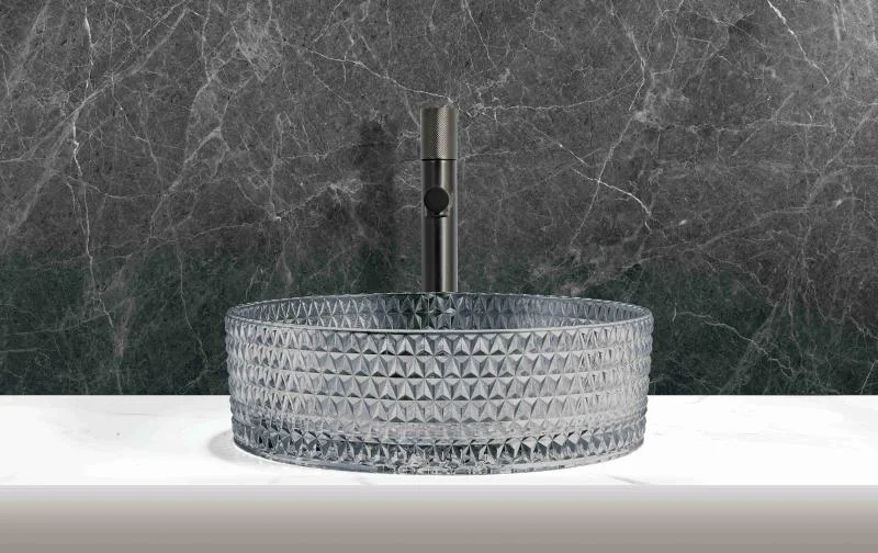 Lavoar rotund GLAM, din sticlă, montaj pe blat, 39,5x39,5x12cm - gri deschis - imagine 3