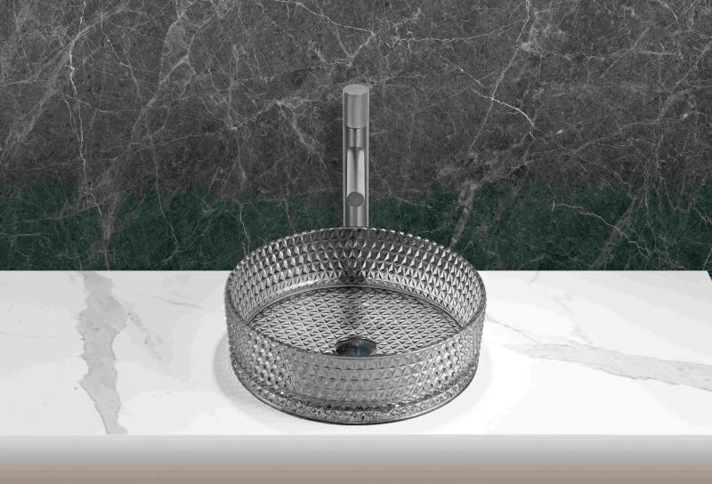 Lavoar rotund GLAM, din sticlă, montaj pe blat, 39,5x39,5x12cm - gri deschis - imagine 2