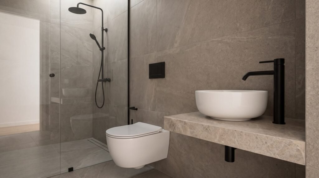 Vas de WC suspendat rimless si lavoar pe blat, cu baterie negru mat asortata