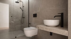 Vas de WC suspendat rimless si lavoar pe blat, cu baterie negru mat asortata