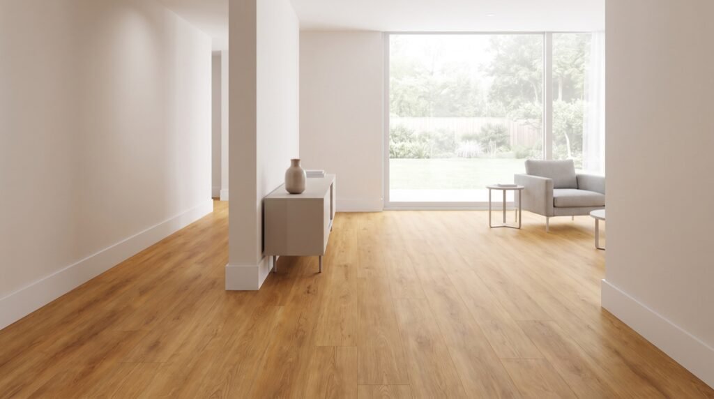 Pardoseala SPC cu aspect de stejar intr-un living luminos, cu plinta alba pe contur