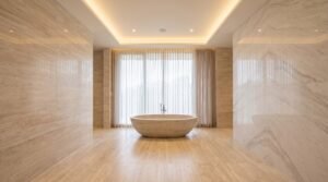 Baie placata cu placi ceramice format mare cu aspect de travertin, cu rosturi aproape invizibile